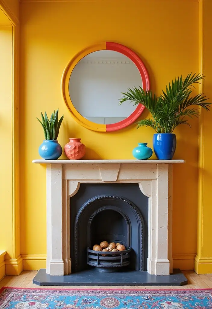 30+ Mantel Decor with Round Mirror Inspirations You’ll Absolutely Love 29 30+ Mantel Decor with Round Mirror Inspirations You’ll Absolutely Love - 29. Color Blocking: Bold and Bright Combinations