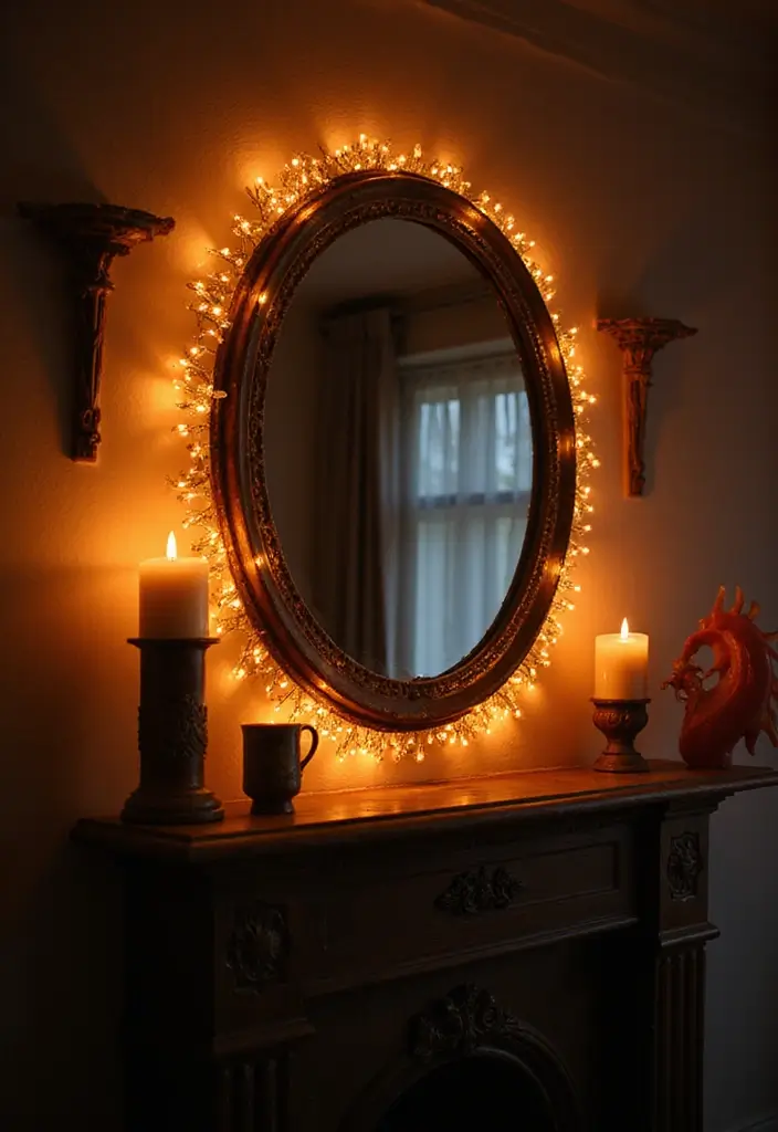 30+ Mantel Decor with Round Mirror Inspirations You’ll Absolutely Love 30 30+ Mantel Decor with Round Mirror Inspirations You’ll Absolutely Love - 30. Transformative Glow: Lighting Around Mirrors