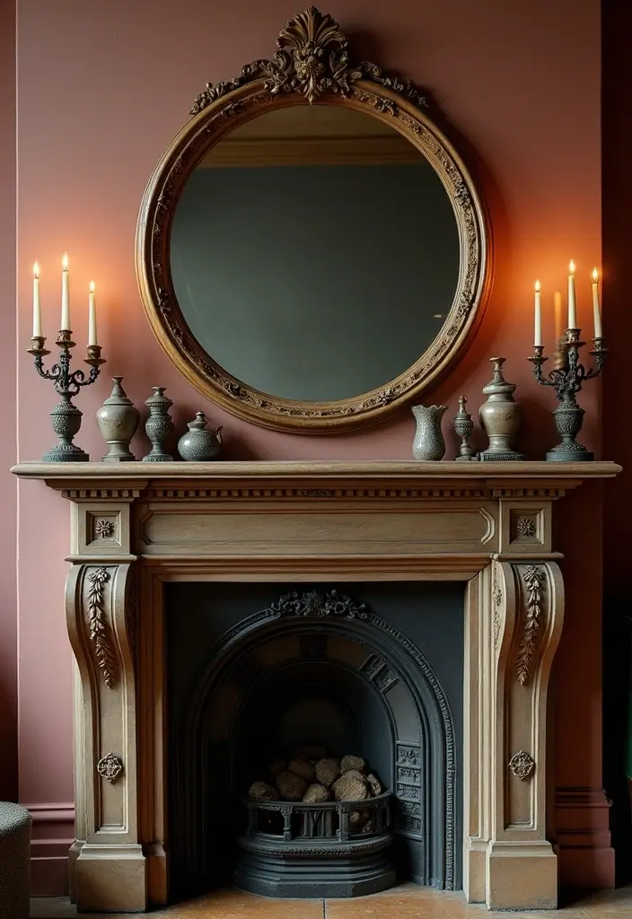 30+ Mantel Decor with Round Mirror Inspirations You’ll Absolutely Love 4 30+ Mantel Decor with Round Mirror Inspirations You’ll Absolutely Love - 4. Vintage Elegance: Ornate Round Mirror