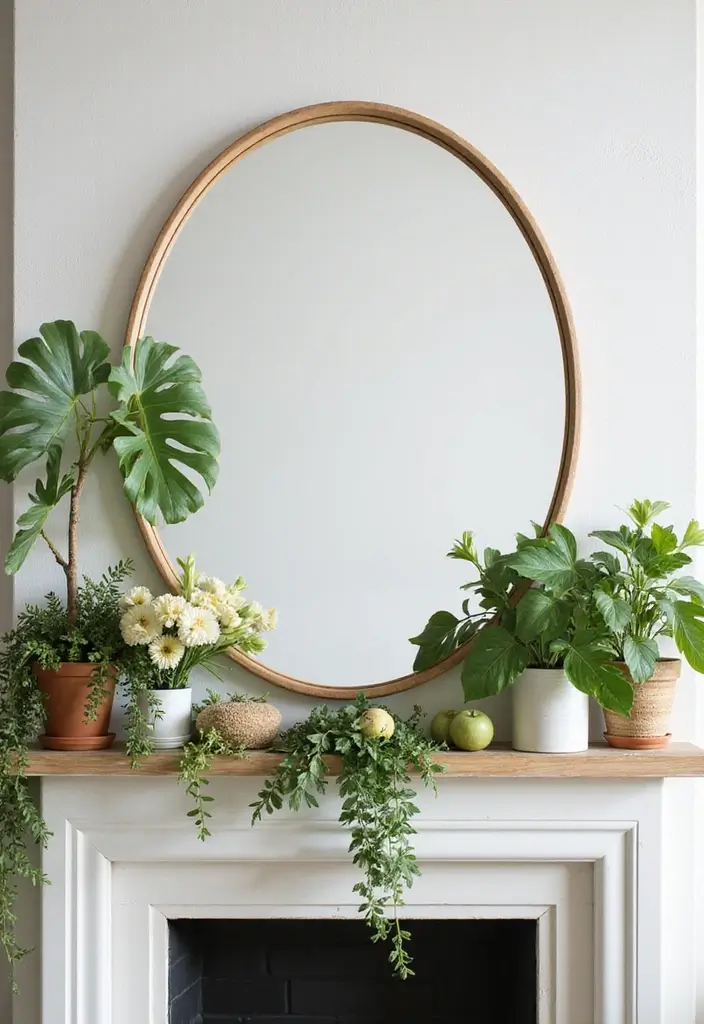 30+ Mantel Decor with Round Mirror Inspirations You’ll Absolutely Love 6 30+ Mantel Decor with Round Mirror Inspirations You’ll Absolutely Love - 6. Botanical Bliss: Round Mirror with Greenery