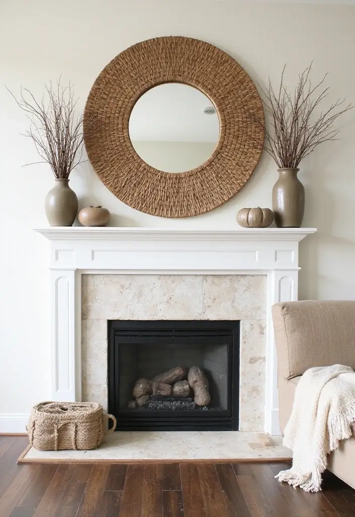 30+ Mantel Decor with Round Mirror Inspirations You’ll Absolutely Love 8 30+ Mantel Decor with Round Mirror Inspirations You’ll Absolutely Love - 8. Rustic Chic: Woven Round Mirror