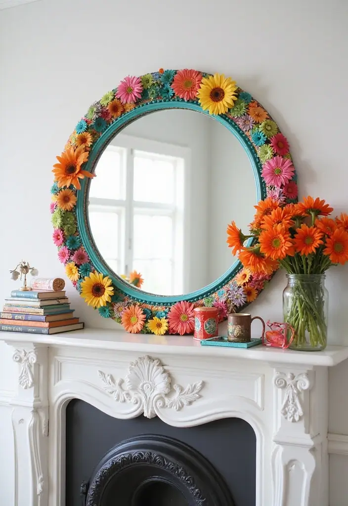 30+ Mantel Decor with Round Mirror Inspirations You’ll Absolutely Love 9 30+ Mantel Decor with Round Mirror Inspirations You’ll Absolutely Love - 9. Bold & Bright: Colorful Round Mirror