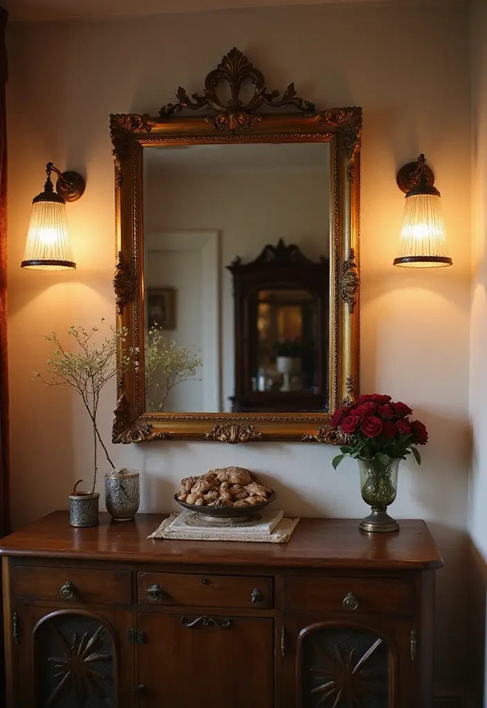 30+ Mirror Wall Decor DIY Ideas to Personalize Your Living Space 16 30+ Mirror Wall Decor DIY Ideas to Personalize Your Living Space - 16. Vintage Mirror with Light Fixtures