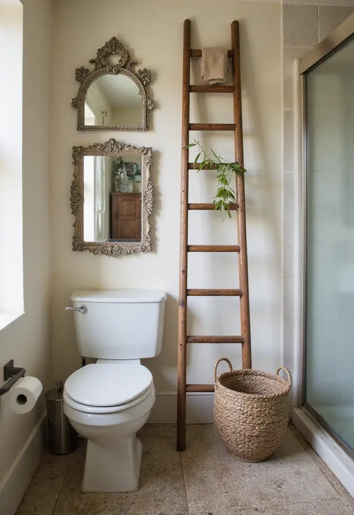 30+ Mirror Wall Decor Ideas That Instantly Transform Blank Walls 11 30+ Mirror Wall Decor Ideas That Instantly Transform Blank Walls - 11. Vintage Ladder with Mirrors