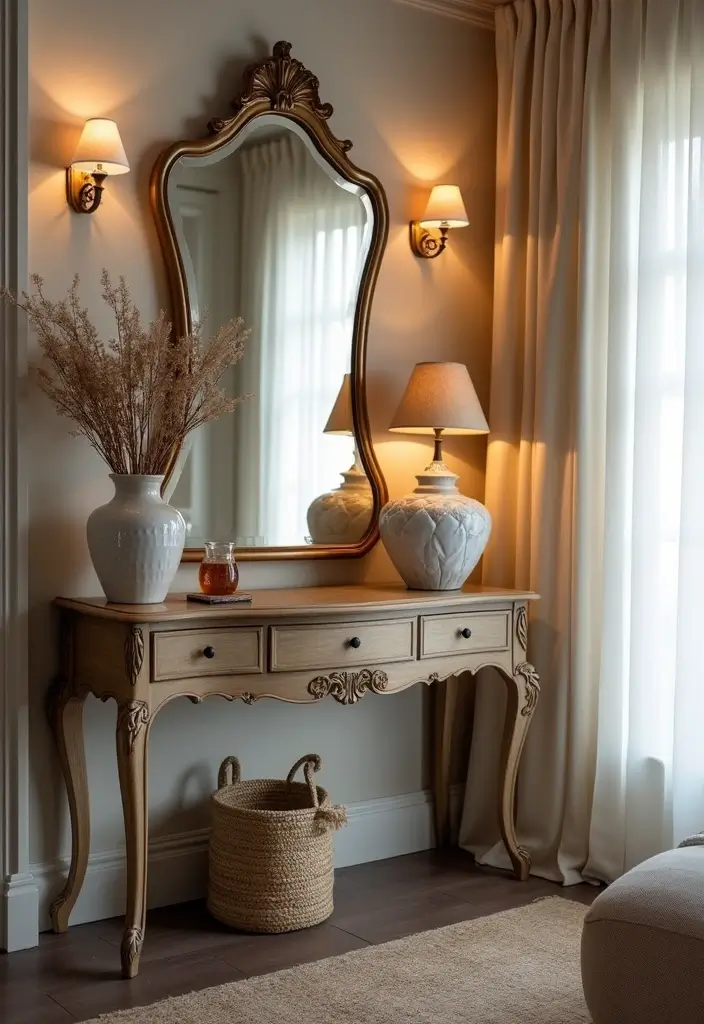 30+ Mirror Wall Decor Ideas You’ll Want to Try in 2025 16 30+ Mirror Wall Decor Ideas You’ll Want to Try in 2025 - 16. Mirrors as Vignette Backdrops