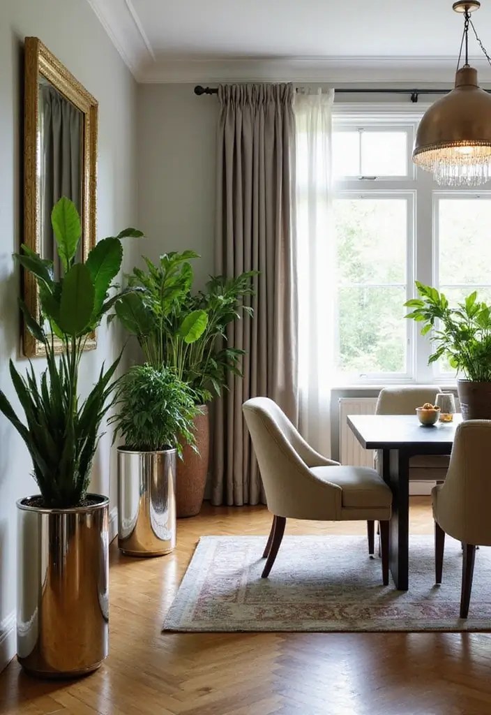 30+ Mirror Wall Decor Ideas for Dining Rooms You’ll Want to Copy - 23. Mirrored Plant Stands