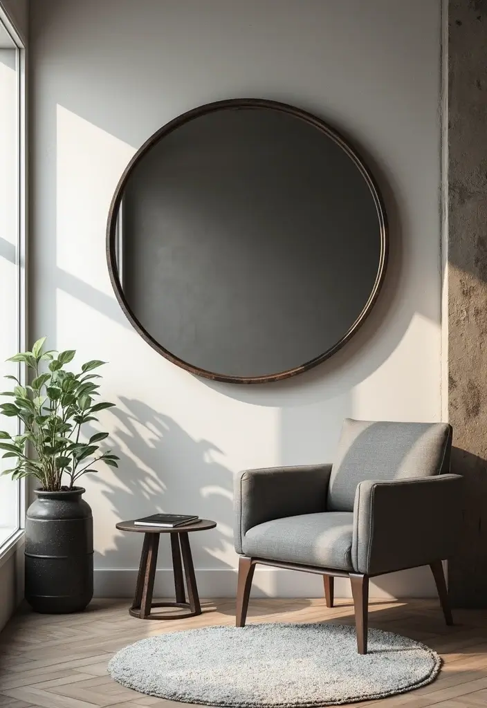 30+ Mirror Wall Decor Ideas for Modern and Minimalist Homes 10 30+ Mirror Wall Decor Ideas for Modern and Minimalist Homes - 10. Round Mirror with an Industrial Edge