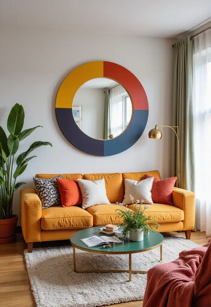 30+ Mirror Wall Decor Ideas for Modern and Minimalist Homes 12 30+ Mirror Wall Decor Ideas for Modern and Minimalist Homes - 12. Round Mirrors with Colorful Accents