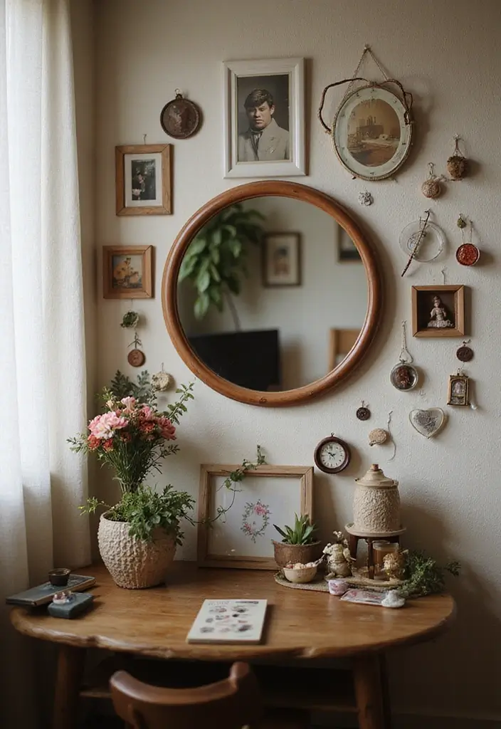 30+ Mirror Wall Decor Ideas for Modern and Minimalist Homes 14 30+ Mirror Wall Decor Ideas for Modern and Minimalist Homes - 14. Round Mirror with Personal Touches