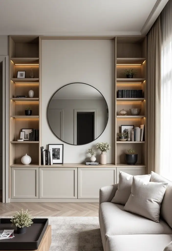 30+ Mirror Wall Decor Ideas for Modern and Minimalist Homes 16 30+ Mirror Wall Decor Ideas for Modern and Minimalist Homes - 16. Use of Round Mirrors in Open Shelves