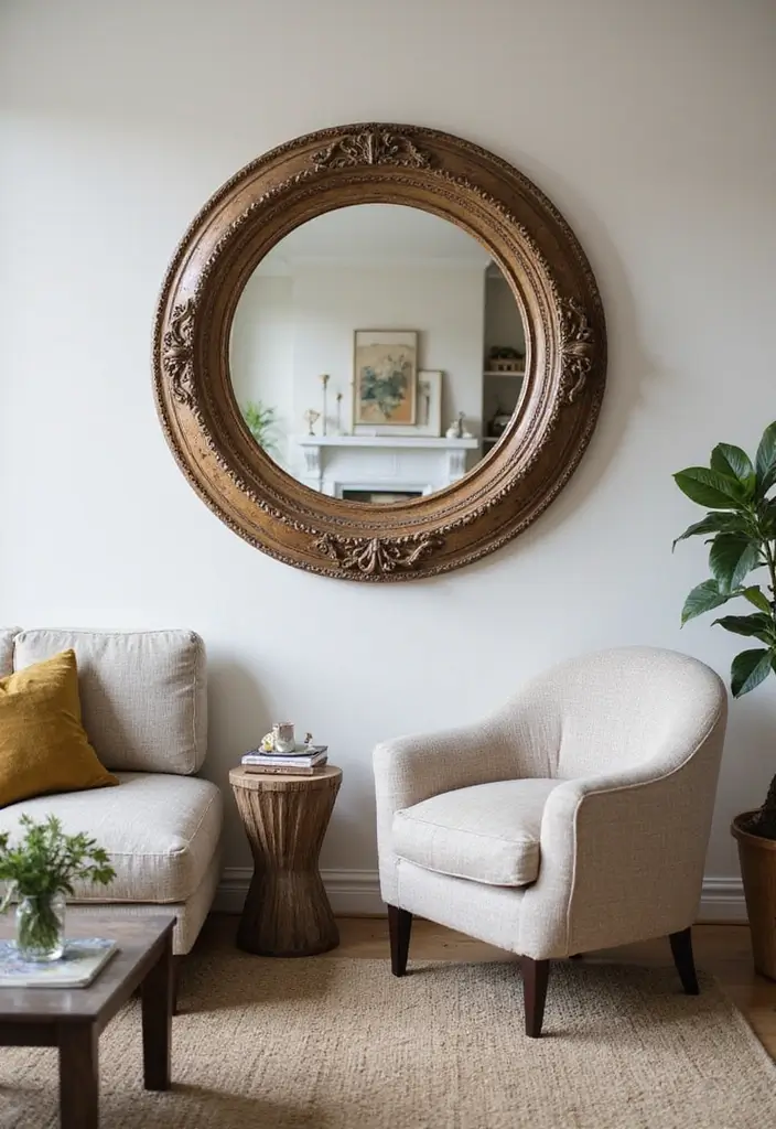 30+ Mirror Wall Decor Ideas for Modern and Minimalist Homes 17 30+ Mirror Wall Decor Ideas for Modern and Minimalist Homes - 17. Round Mirrors with Vintage Flair