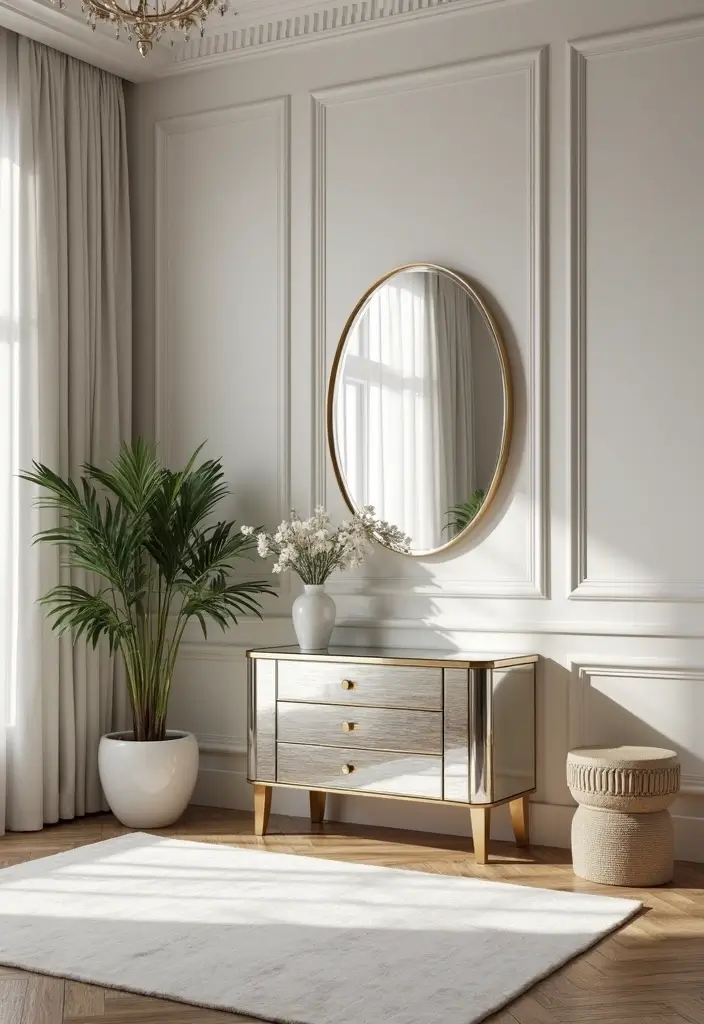 30+ Mirror Wall Decor Ideas for Modern and Minimalist Homes 18 30+ Mirror Wall Decor Ideas for Modern and Minimalist Homes - 18. Mirrored Furniture with Round Accents
