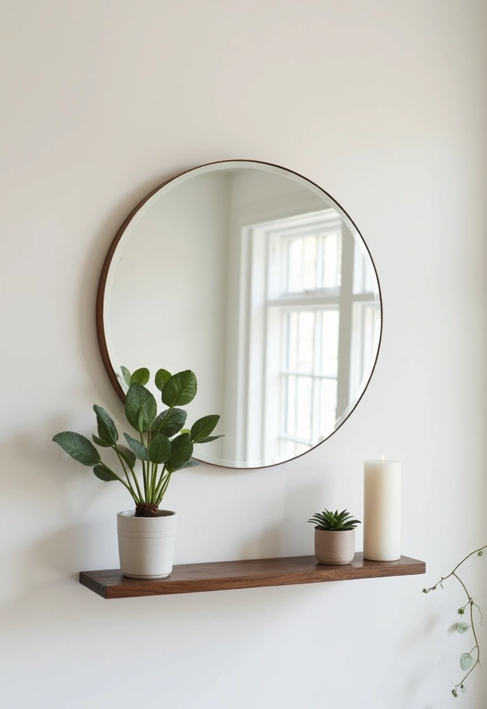 30+ Mirror Wall Decor Ideas for Modern and Minimalist Homes 2 30+ Mirror Wall Decor Ideas for Modern and Minimalist Homes - 2. Minimalist Round Mirror with Shelf