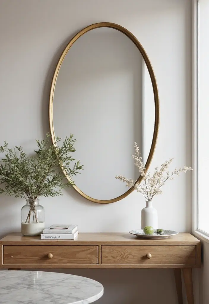 30+ Mirror Wall Decor Ideas for Modern and Minimalist Homes 22 30+ Mirror Wall Decor Ideas for Modern and Minimalist Homes - 22. Round Mirrors with Metallic Accents