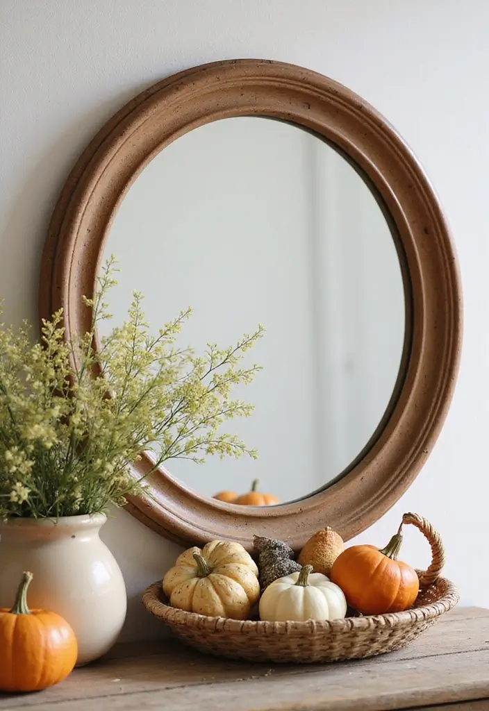 30+ Mirror Wall Decor Ideas for Modern and Minimalist Homes 27 30+ Mirror Wall Decor Ideas for Modern and Minimalist Homes - 27. Round Mirrors with Seasonal Themes