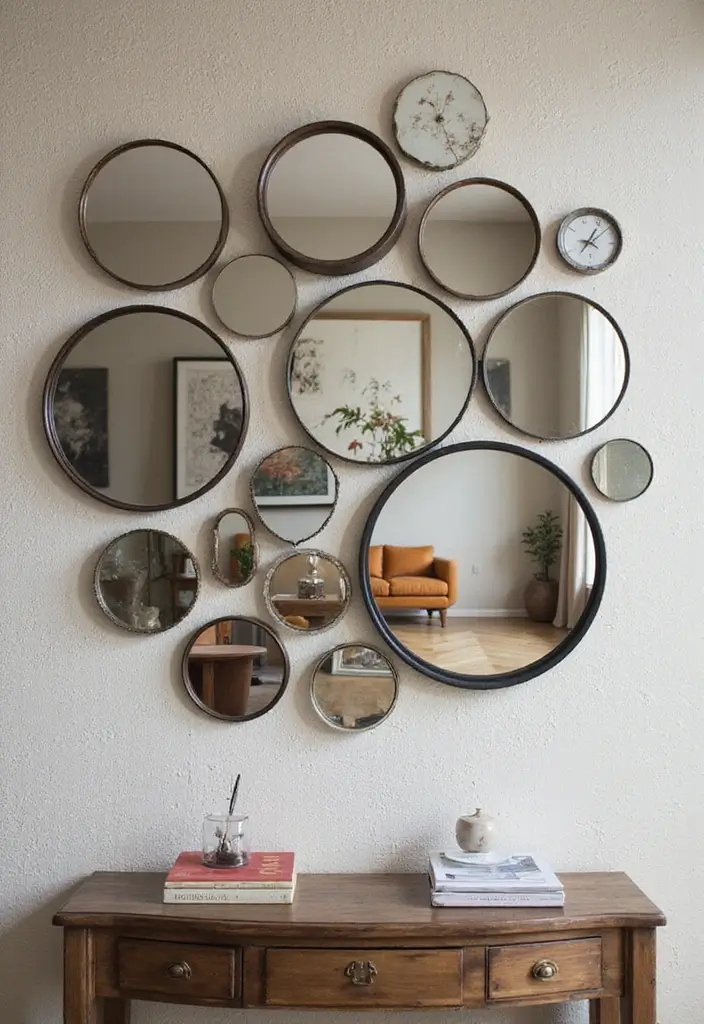30+ Mirror Wall Decor Ideas for Modern and Minimalist Homes 3 30+ Mirror Wall Decor Ideas for Modern and Minimalist Homes - 3. Artistic Round Mirror Collage