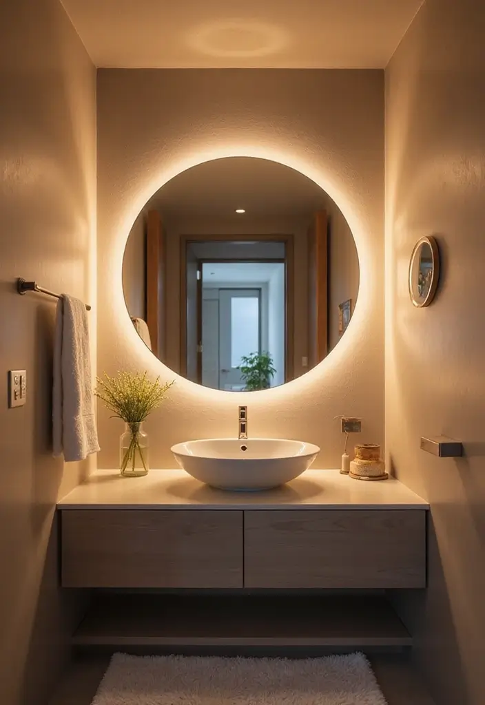 30+ Mirror Wall Decor Ideas for Modern and Minimalist Homes 4 30+ Mirror Wall Decor Ideas for Modern and Minimalist Homes - 4. Round Mirror with Backlighting