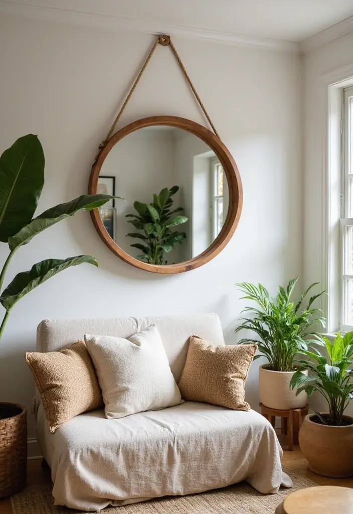 30+ Mirror Wall Decor Ideas for Modern and Minimalist Homes 5 30+ Mirror Wall Decor Ideas for Modern and Minimalist Homes - 5. Round Mirrors with Natural Elements