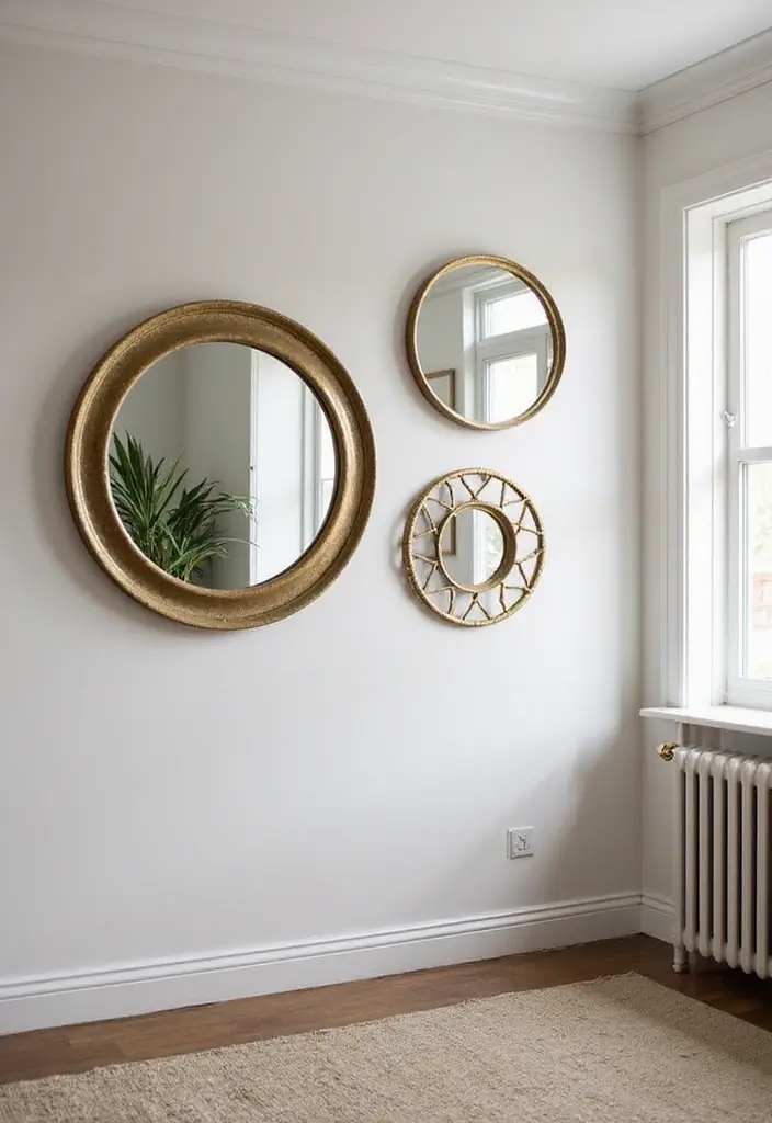 30+ Mirror Wall Decor Ideas for Modern and Minimalist Homes 7 30+ Mirror Wall Decor Ideas for Modern and Minimalist Homes - 7. Round Mirrors with Geometric Frames