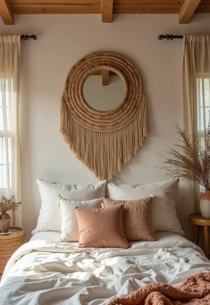 30+ Mirror Wall Decor Ideas for Modern and Minimalist Homes 8 30+ Mirror Wall Decor Ideas for Modern and Minimalist Homes - 8. Round Mirror with Woven Wall Hanging