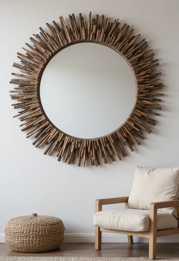 30+ Mirror Wall Decor Ideas for Modern and Minimalist Homes 9 30+ Mirror Wall Decor Ideas for Modern and Minimalist Homes - 9. Round Mirror with Decorative Sticks
