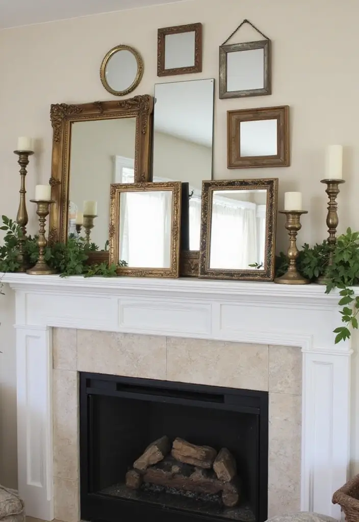 30+ Mirror Wall Decor Ideas to Brighten and Enlarge Your Living Room Instantly - 2. Mirrored Mantel Accessories for Additional Depth
