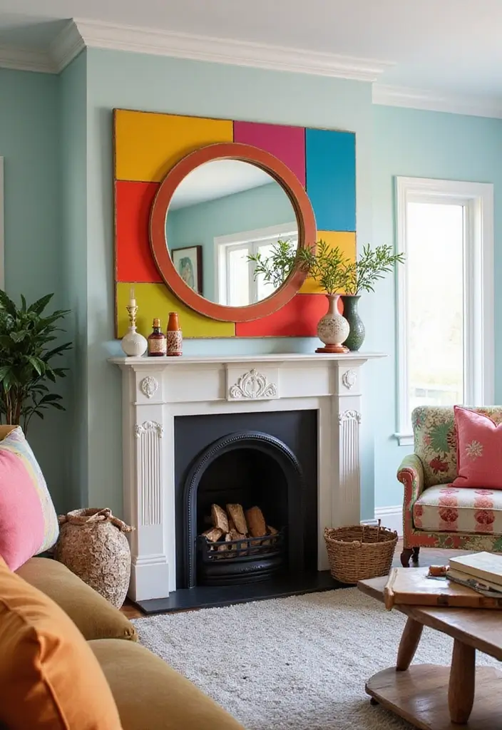 30+ Mirror Wall Decor Ideas to Brighten and Enlarge Your Living Room Instantly - 20. Color-Blocked Mirror Decor for a Fun Look