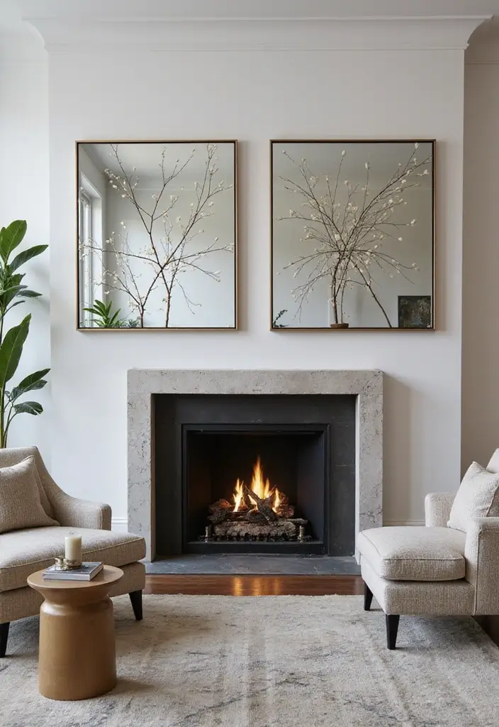30+ Mirror Wall Decor Ideas to Brighten and Enlarge Your Living Room Instantly - 24. Mirrored Wall Art for a Contemporary Edge