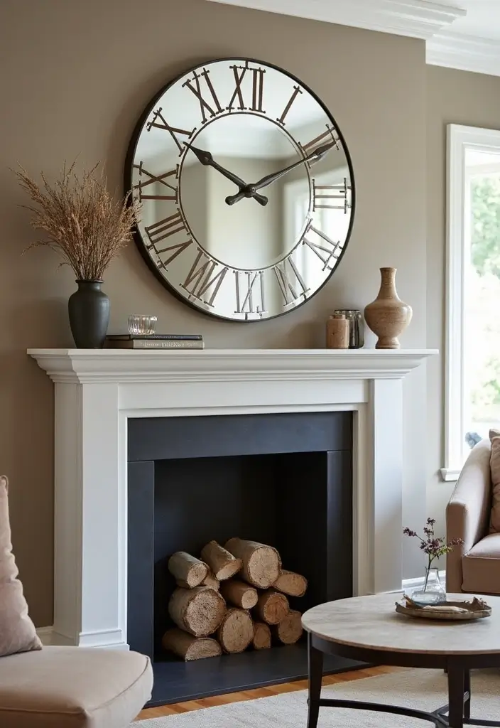 30+ Mirror Wall Decor Ideas to Brighten and Enlarge Your Living Room Instantly - 27. Mirrored Wall Clocks for Functional Decor