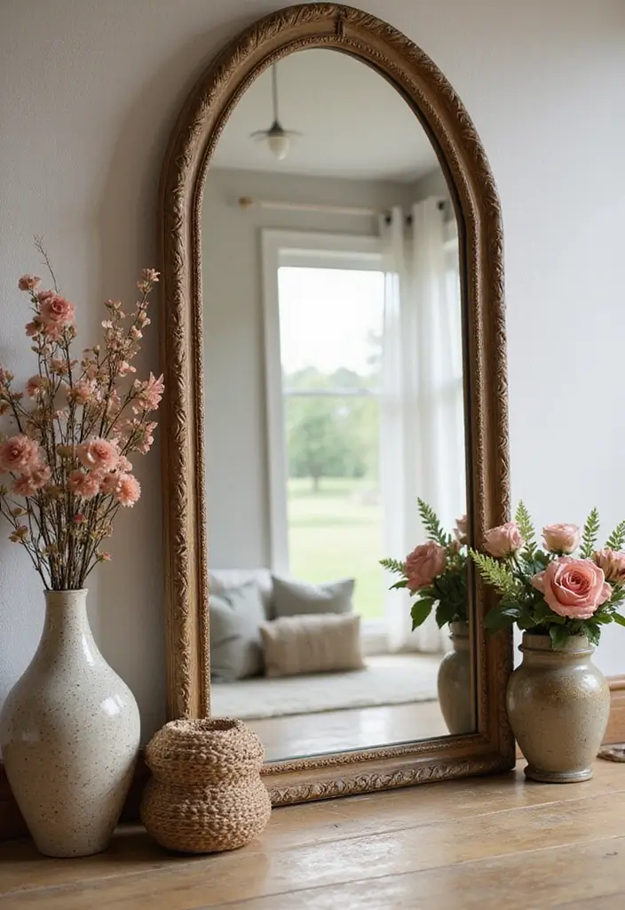 30+ Mirror Wall Decor with Pictures for a Personalized Gallery Feel 16 30+ Mirror Wall Decor with Pictures for a Personalized Gallery Feel - 16. Cottage Style with Floral Accents