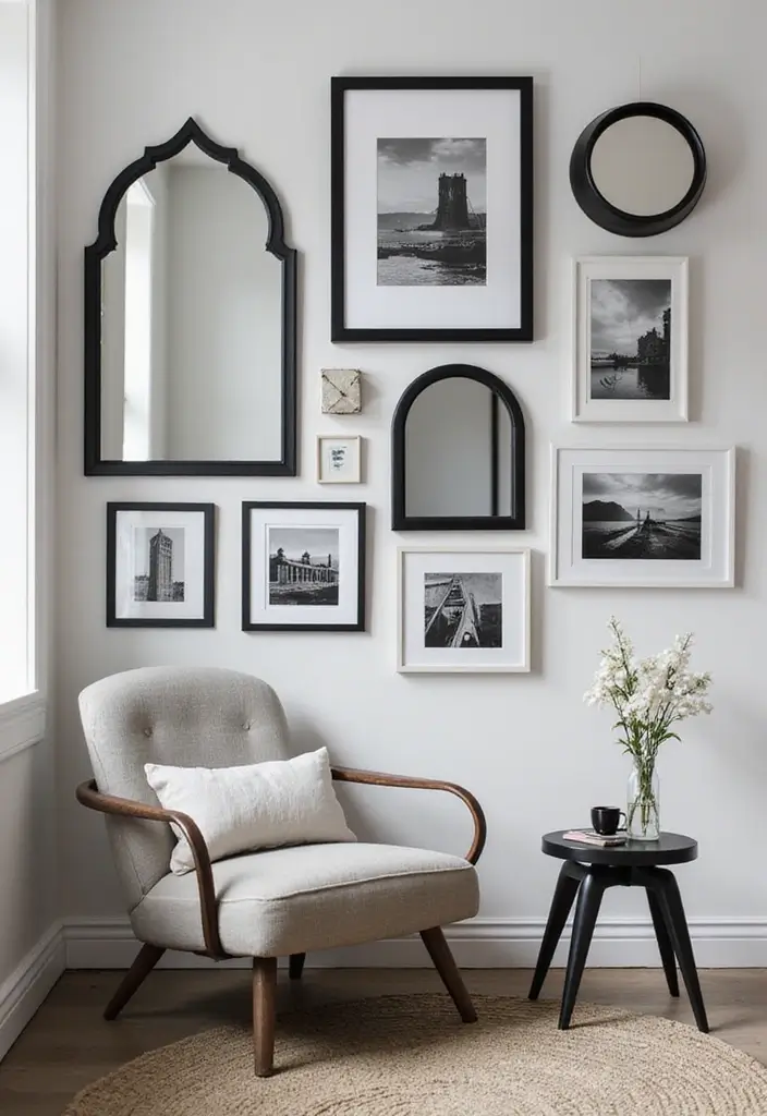 30+ Mirror Wall Decor with Pictures for a Personalized Gallery Feel 2 30+ Mirror Wall Decor with Pictures for a Personalized Gallery Feel - 2. Elegant Black and White Contrast