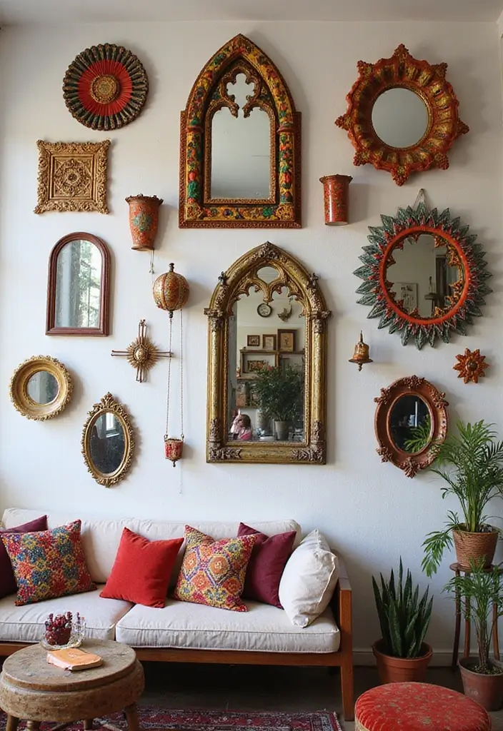 30+ Mirror Wall Decor with Pictures for a Personalized Gallery Feel 21 30+ Mirror Wall Decor with Pictures for a Personalized Gallery Feel - 21. Bohemian Flair with Colorful Mirrors