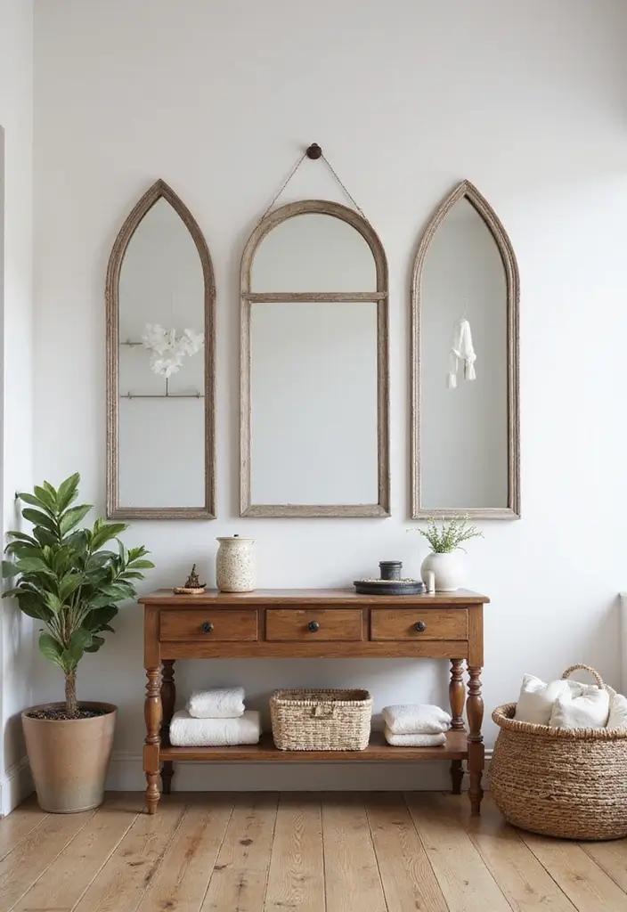 30+ Mirror Wall Decor with Pictures for a Personalized Gallery Feel 22 30+ Mirror Wall Decor with Pictures for a Personalized Gallery Feel - 22. Modern Farmhouse with Sleek Mirrors