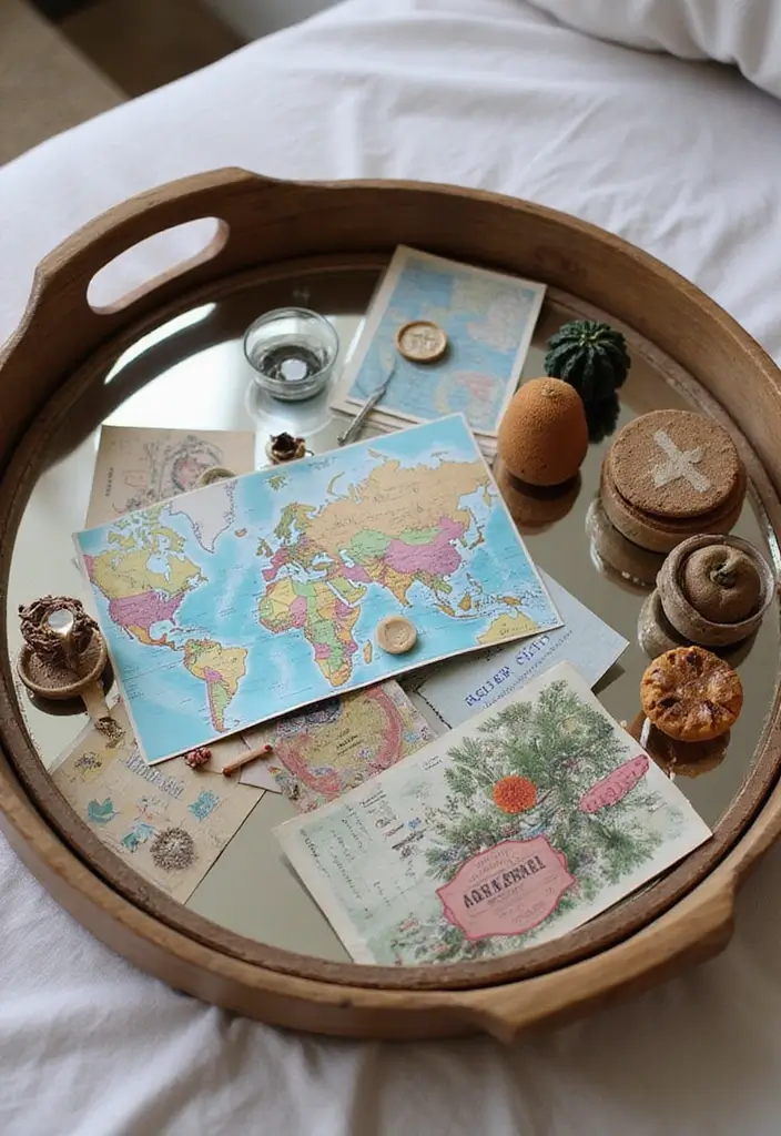 30+ Round Mirror Tray Decor Ideas That Instantly Elevate Your Style 18 30+ Round Mirror Tray Decor Ideas That Instantly Elevate Your Style - 18. Travel-Inspired Decor