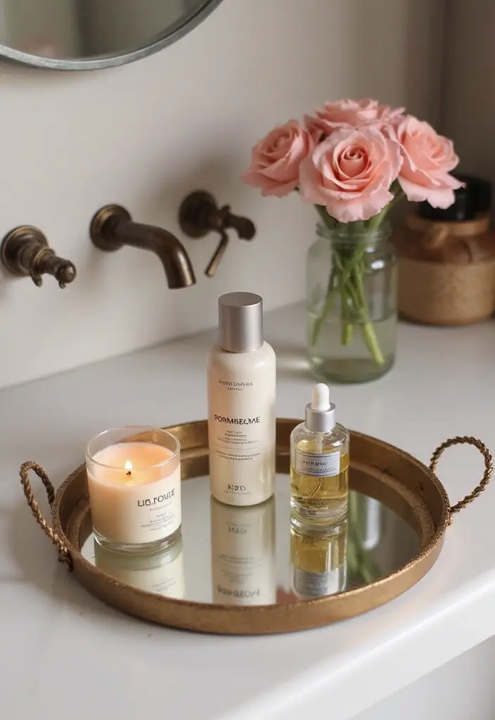 30+ Round Mirror Tray Decor Ideas That Instantly Elevate Your Style 19 30+ Round Mirror Tray Decor Ideas That Instantly Elevate Your Style - 19. Luxe Bathroom Setup