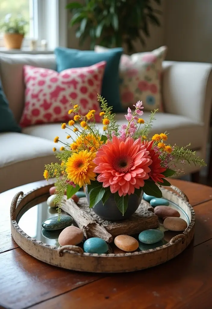 30+ Round Mirror Tray Decor Ideas That Instantly Elevate Your Style 2 30+ Round Mirror Tray Decor Ideas That Instantly Elevate Your Style - 2. Boho Chic Centerpiece