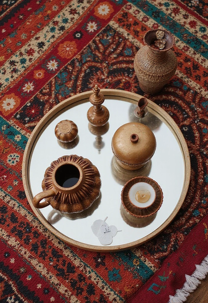 30+ Round Mirror Tray Decor Ideas That Instantly Elevate Your Style 20 30+ Round Mirror Tray Decor Ideas That Instantly Elevate Your Style - 20. Ethnic Textiles Accents