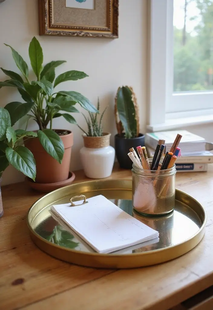 30+ Round Mirror Tray Decor Ideas That Instantly Elevate Your Style 29 30+ Round Mirror Tray Decor Ideas That Instantly Elevate Your Style - 29. Multifunctional Home Office