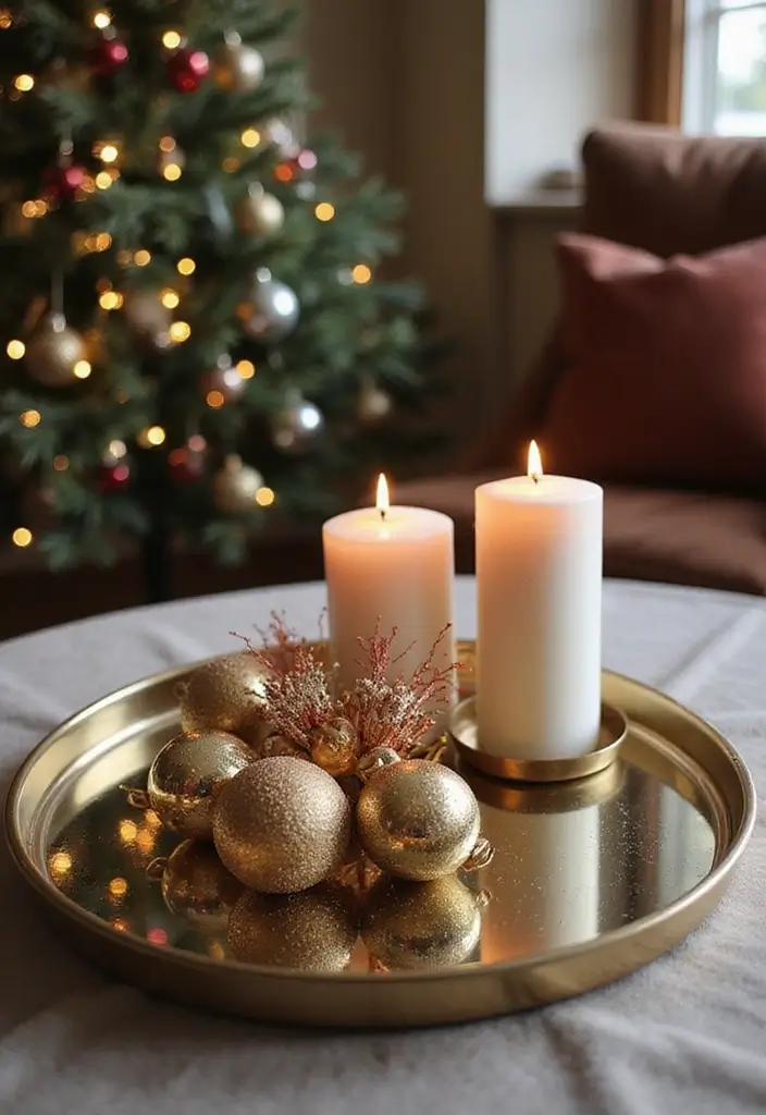 30+ Round Mirror Tray Decor Ideas That Instantly Elevate Your Style 30 30+ Round Mirror Tray Decor Ideas That Instantly Elevate Your Style - 30. Holiday Decor Magic
