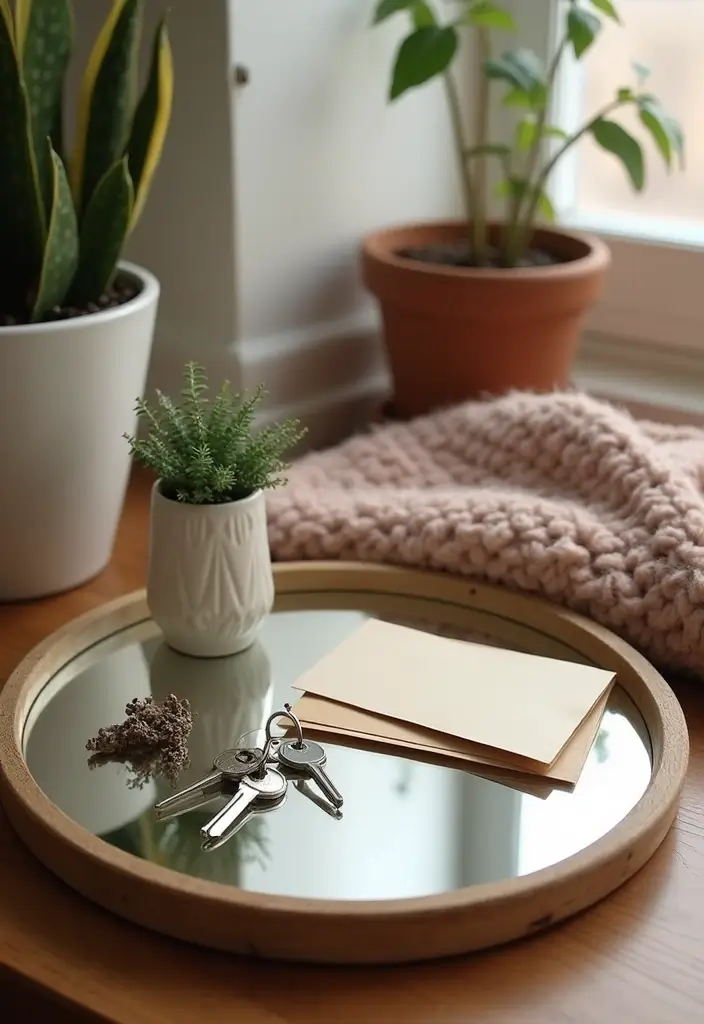 30+ Round Mirror Tray Decor Ideas That Instantly Elevate Your Style 4 30+ Round Mirror Tray Decor Ideas That Instantly Elevate Your Style - 4. Functional Entryway Tray