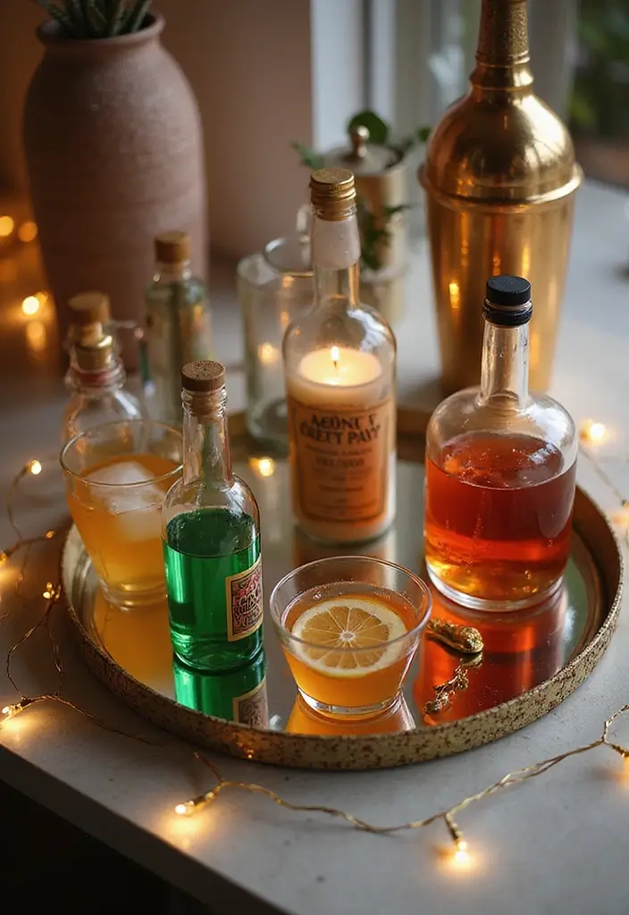 30+ Round Mirror Tray Decor Ideas That Instantly Elevate Your Style 8 30+ Round Mirror Tray Decor Ideas That Instantly Elevate Your Style - 8. Mini Bar Setup