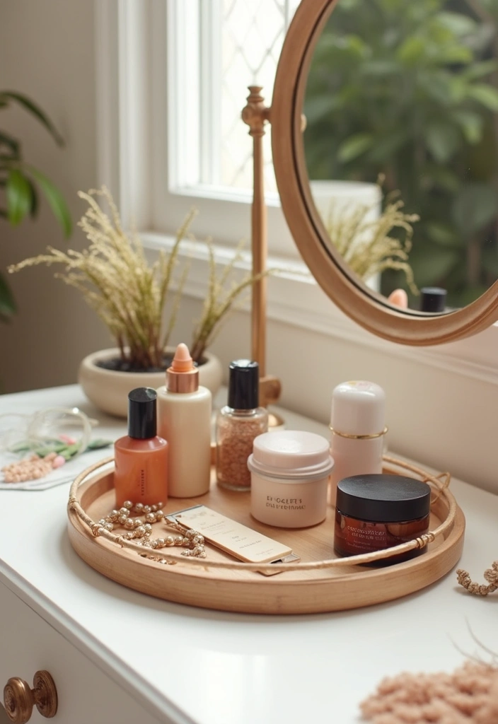 30+ Round Mirror Tray Decor Ideas That Instantly Elevate Your Style 9 30+ Round Mirror Tray Decor Ideas That Instantly Elevate Your Style - 9. Playful Vanity Decor