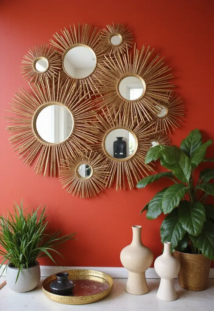 30+ Sunburst Mirror Wall Decor Ideas That Bring Mid-Century Charm 11 30+ Sunburst Mirror Wall Decor Ideas That Bring Mid-Century Charm - 11. Statement Walls with Sunburst Mirrors