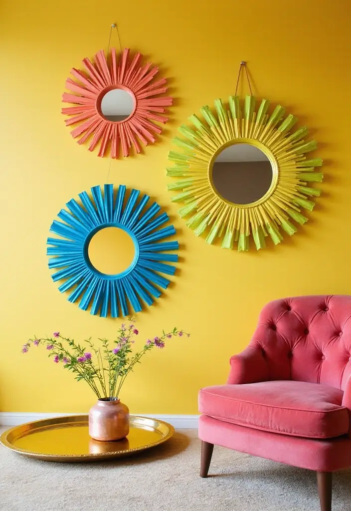 30+ Sunburst Mirror Wall Decor Ideas That Bring Mid-Century Charm 13 30+ Sunburst Mirror Wall Decor Ideas That Bring Mid-Century Charm - 13. Playful Color Combos with Sunburst Mirrors