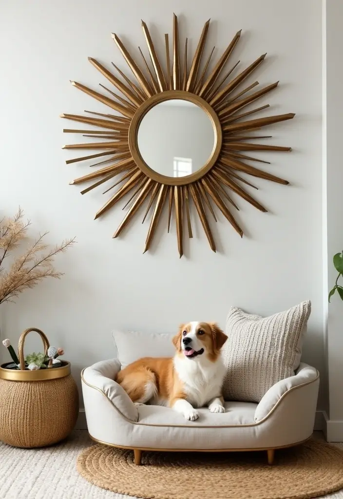 30+ Sunburst Mirror Wall Decor Ideas That Bring Mid-Century Charm 15 30+ Sunburst Mirror Wall Decor Ideas That Bring Mid-Century Charm - 15. Sunburst Mirrors in Pet-Friendly Spaces