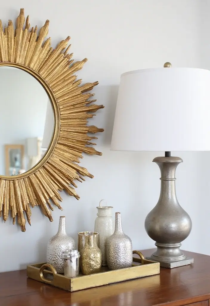 30+ Sunburst Mirror Wall Decor Ideas That Bring Mid-Century Charm 16 30+ Sunburst Mirror Wall Decor Ideas That Bring Mid-Century Charm - 16. Mixing Metals with Sunburst Mirrors