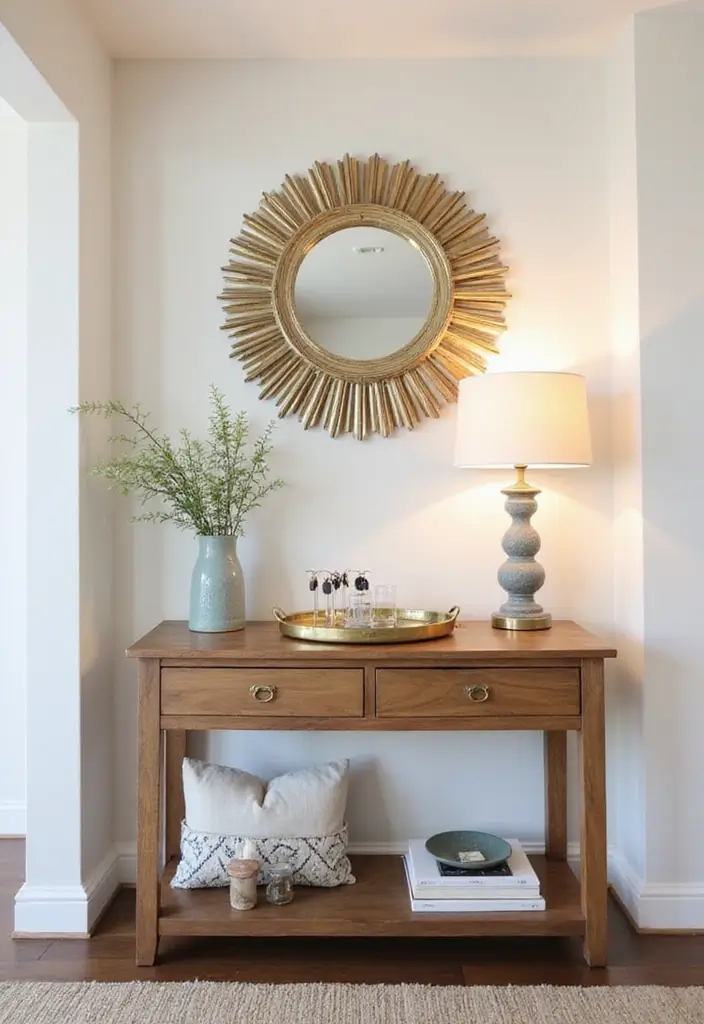 30+ Sunburst Mirror Wall Decor Ideas That Bring Mid-Century Charm 17 30+ Sunburst Mirror Wall Decor Ideas That Bring Mid-Century Charm - 17. Sunburst Mirrors in Entryways
