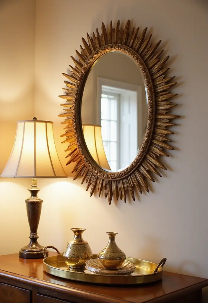 30+ Sunburst Mirror Wall Decor Ideas That Bring Mid-Century Charm 19 30+ Sunburst Mirror Wall Decor Ideas That Bring Mid-Century Charm - 19. Sunburst Mirrors with Lighting