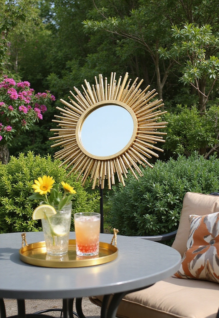 30+ Sunburst Mirror Wall Decor Ideas That Bring Mid-Century Charm 23 30+ Sunburst Mirror Wall Decor Ideas That Bring Mid-Century Charm - 23. Sunburst Mirrors as a Reflective Garden Element