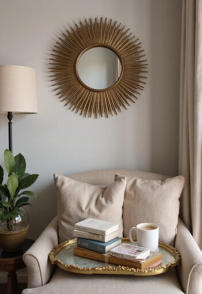 30+ Sunburst Mirror Wall Decor Ideas That Bring Mid-Century Charm 27 30+ Sunburst Mirror Wall Decor Ideas That Bring Mid-Century Charm - 27. Sunburst Mirrors in Cozy Reading Nooks